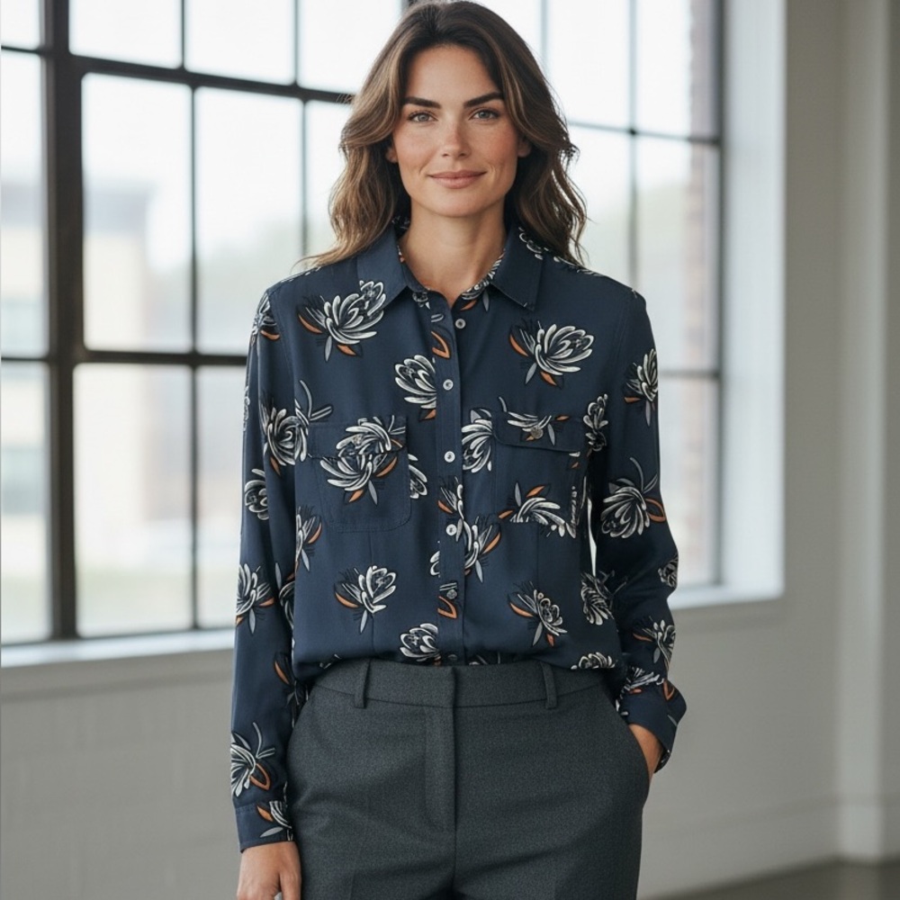 LOFT Navy Floral Button-Down Blouse